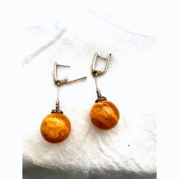 Vintage Baltic Amber Drop Earrings Honey amber Orb dangle sterling silver - Picture 5 of 9